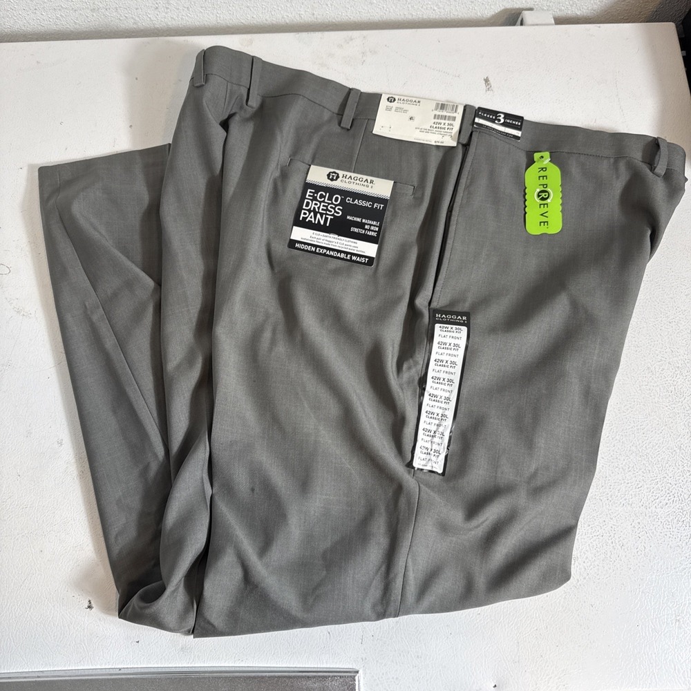 New Haggar Pants Men's 42x230 Gray Classic E-Clo Dress No Iron Stretch READ DESC